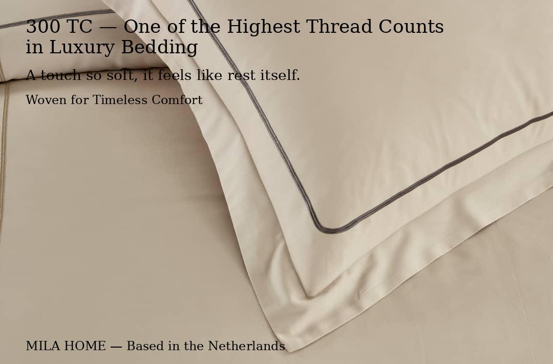 Hotel Collection – Line Edition | Luxury Beige Bedding Set with Double-Line Embroidery – 300 Thread Count Premium Cotton – 6-Piece Duvet Cover Set